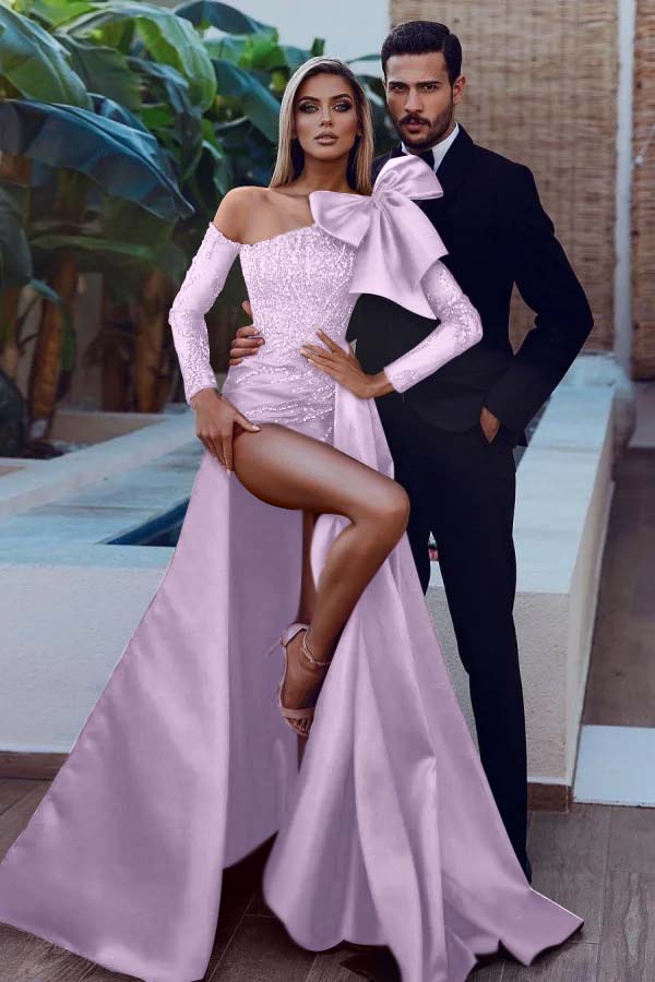 Long Sleeve Strapless Mermaid Prom Dress with Sequins Split Bowknot