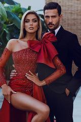 Long Sleeve Strapless Mermaid Prom Dress with Sequins Split Bowknot