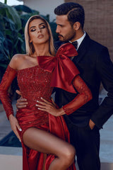 Long Sleeve Strapless Mermaid Prom Dress with Sequins Split Bowknot
