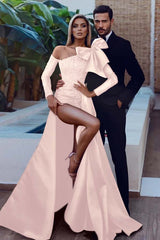 Long Sleeve Strapless Mermaid Prom Dress with Sequins Split Bowknot