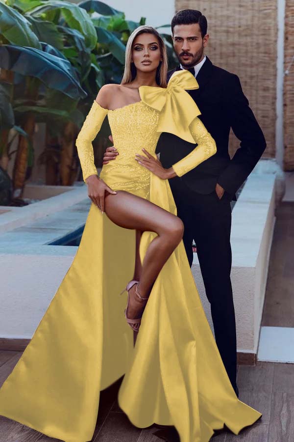 Long Sleeve Strapless Mermaid Prom Dress with Sequins Split Bowknot