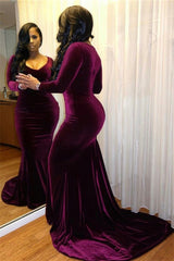 Purple V Neck Long Sleeve Mermaid Long Prom Dress with Pleated