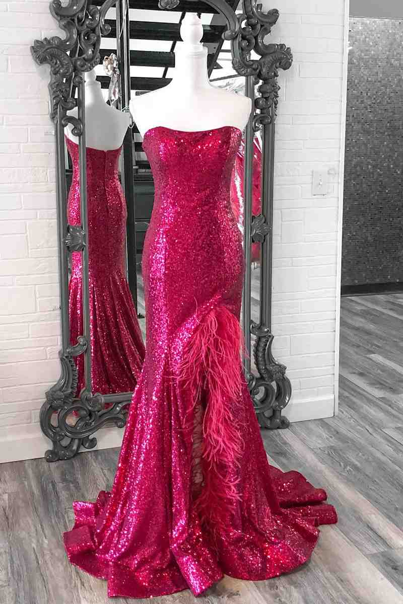 Long Strapless Red Prom Dress with Feather Slit