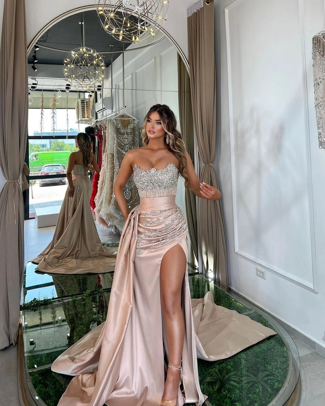 Pink Prom Dress with Beading and Front Split Trail