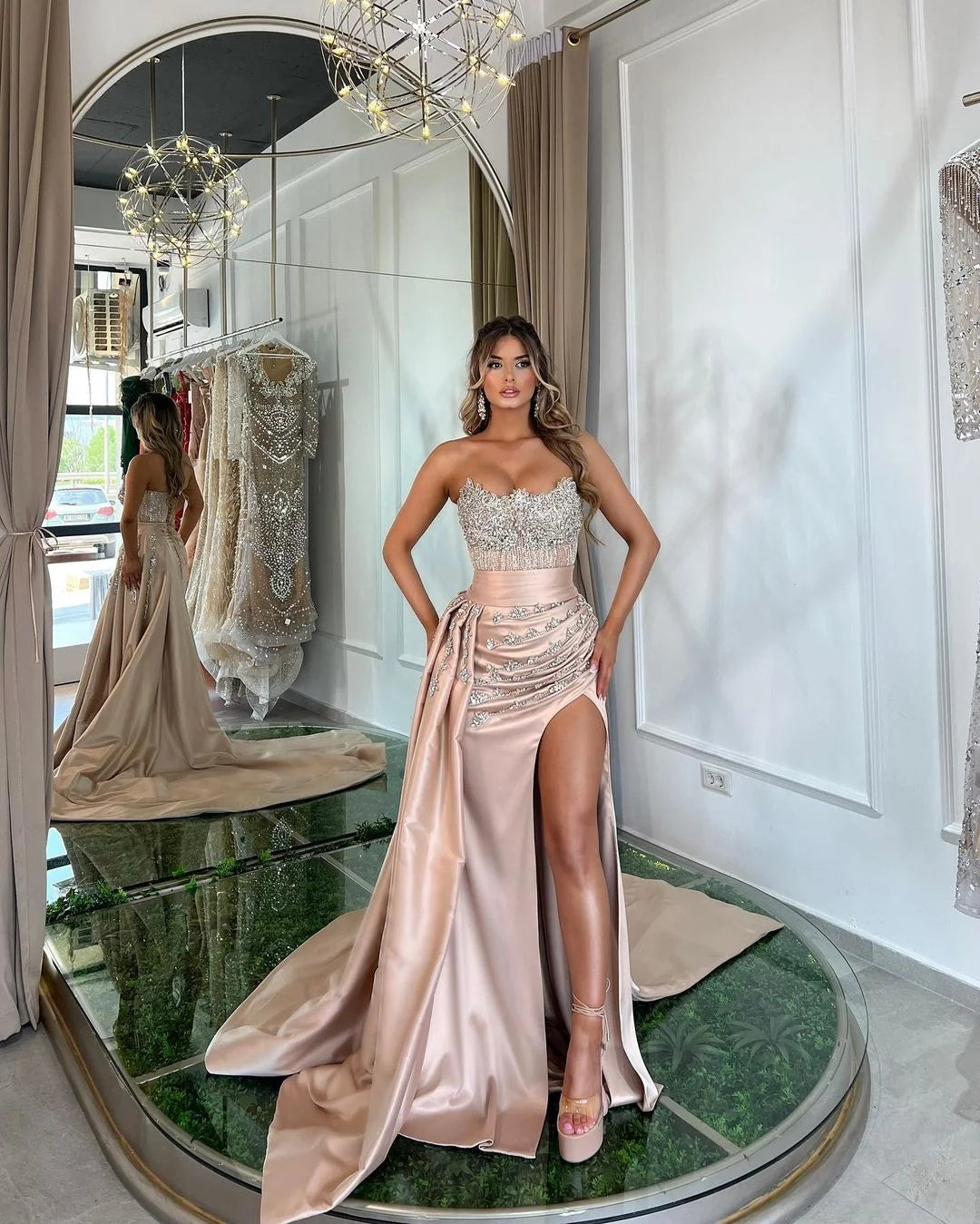 Lotus Root Pink Long Mermaid Sleeveless Satin Prom Dress with Trail