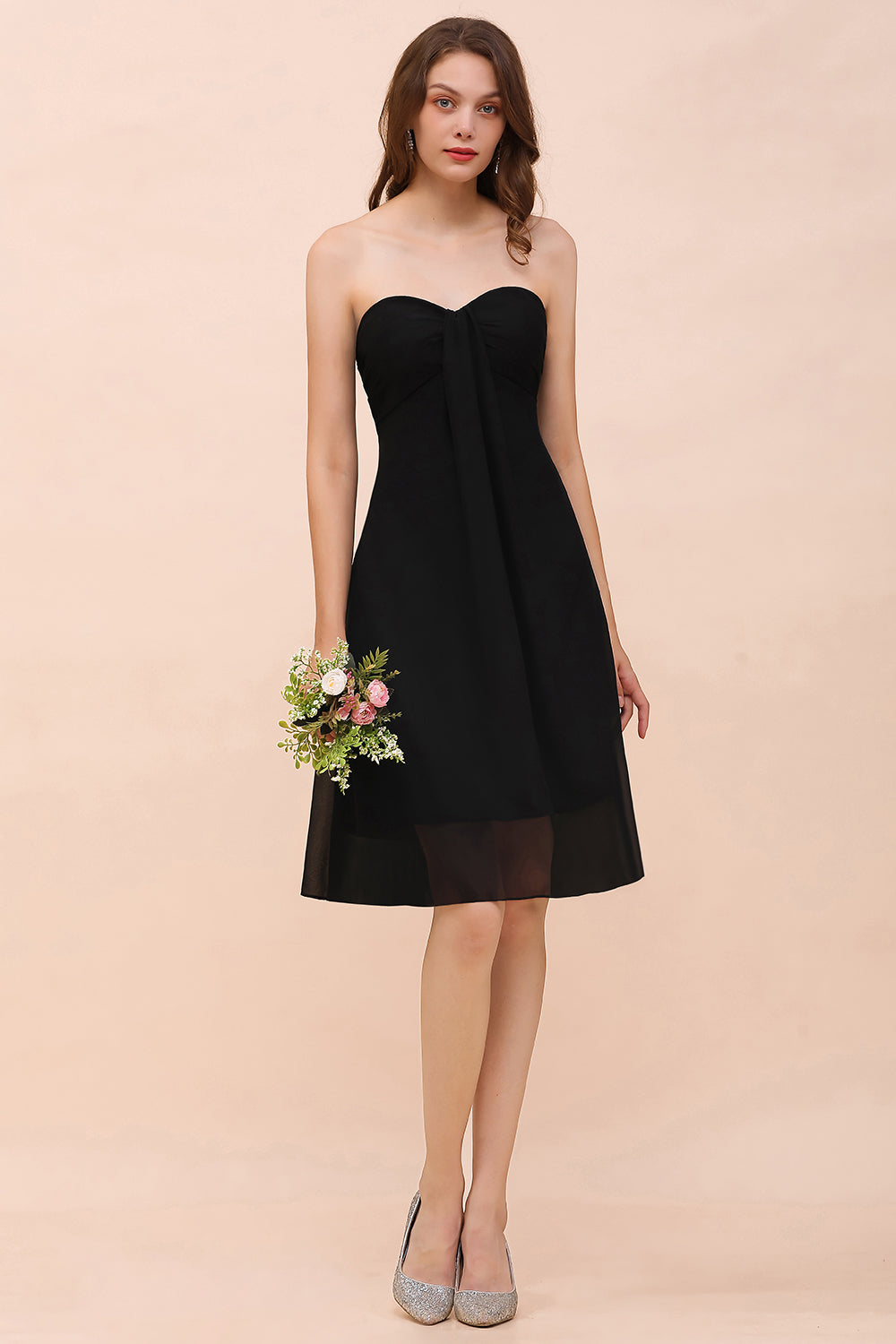 Lovely Strapless Sweetheart Ruffle Short Black Bridesmaid Dress Affordable-Babyonlines