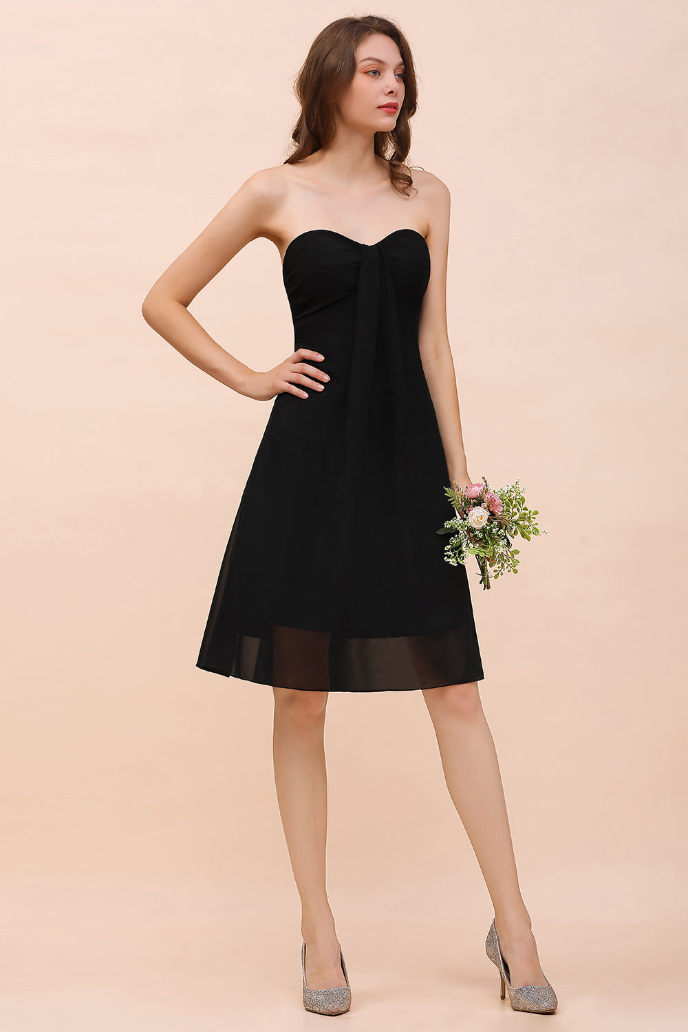 Lovely Strapless Sweetheart Ruffle Short Black Bridesmaid Dress Affordable-Babyonlines