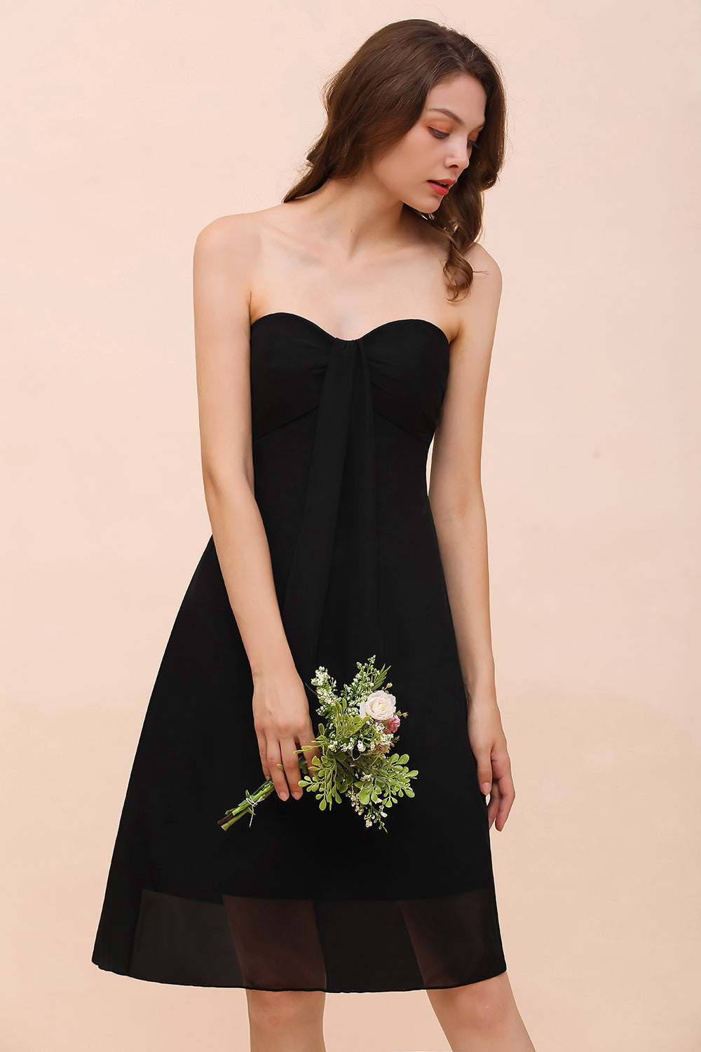 Lovely Strapless Sweetheart Ruffle Short Black Bridesmaid Dress Affordable-Babyonlines