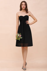 Lovely Strapless Sweetheart Ruffle Short Black Bridesmaid Dress Affordable-Babyonlines