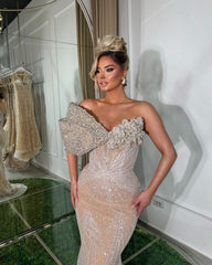 Luxurious Champagne Long Mermaid Evening Dress with Asymmetric Bead Embroidery