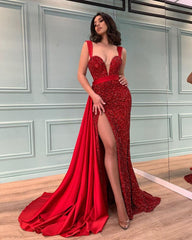 Luxurious Red Sequin Slip Prom Dress Sleeveless