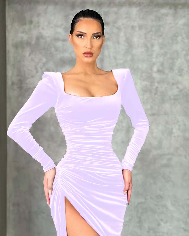 Burgundy Square Neck Long Sleeve Mermaid Long Prom Dress with High Split