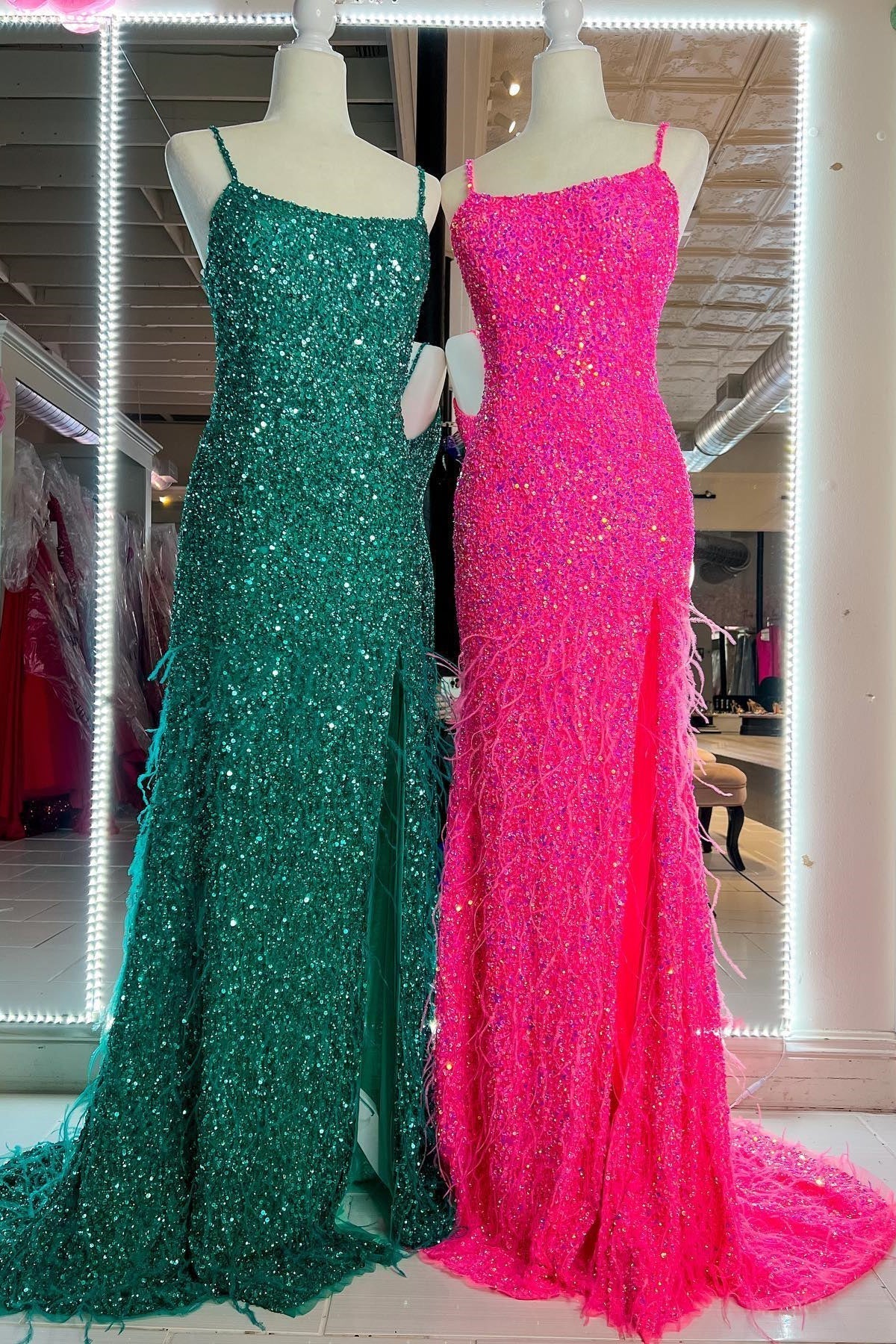 Mermaid Fitted Straps Feathers Long Prom Dress with Slit