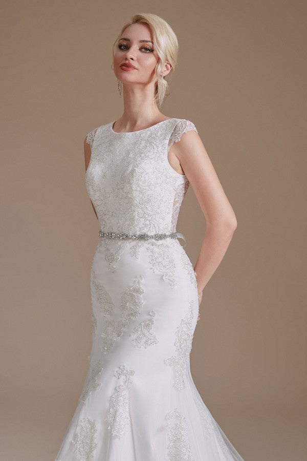 Mermaid Jewel Neck Long Wedding Dress with Tulle Lace