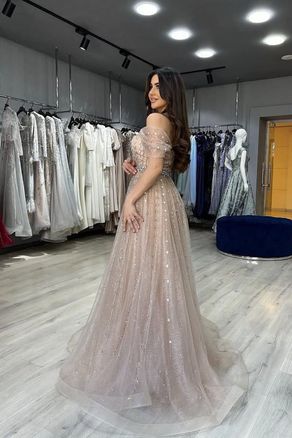 Off-the-Shoulder Long Mermaid Formal Evening Dresses with Detachable Train
