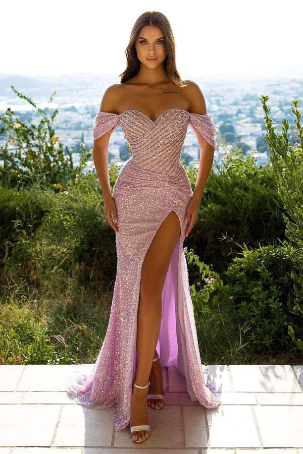 Off the Shoulder Strapless Mermaid Long Prom Dress with Front Split and Sequins