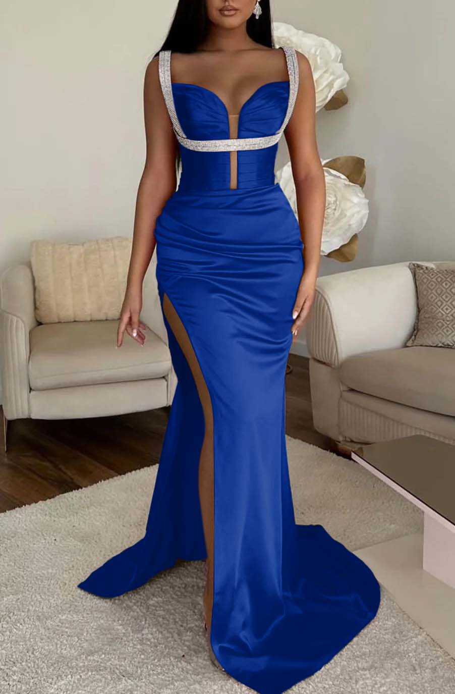 Fuchsia Spaghetti Strap Mermaid Prom Dress with High Split