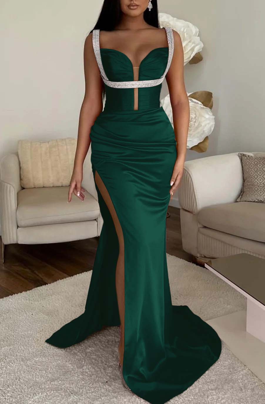Fuchsia Spaghetti Strap Mermaid Prom Dress with High Split