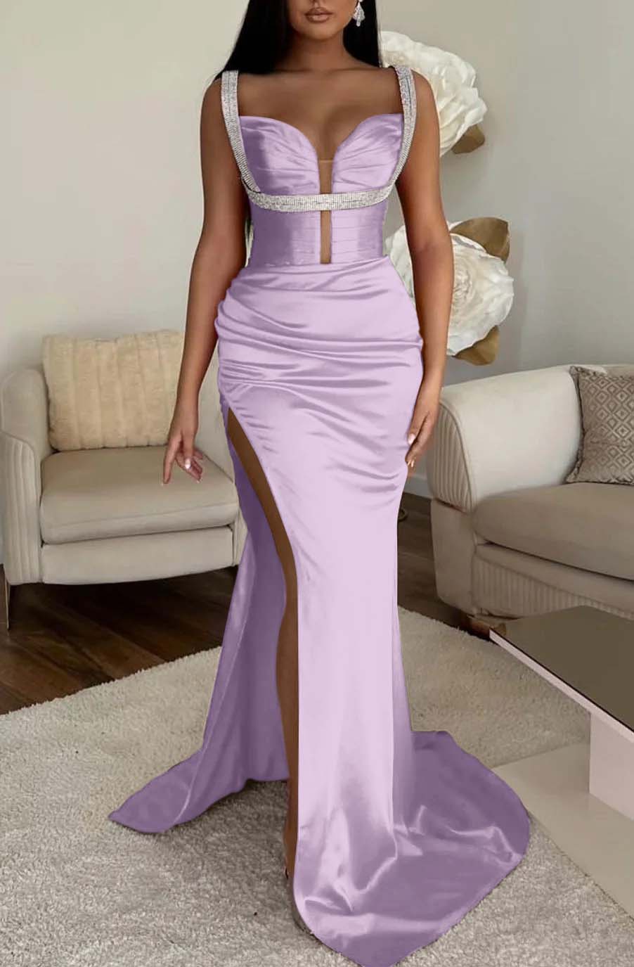Fuchsia Spaghetti Strap Mermaid Prom Dress with High Split