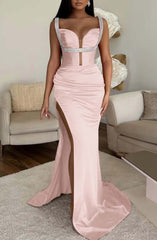 Fuchsia Spaghetti Strap Mermaid Prom Dress with High Split