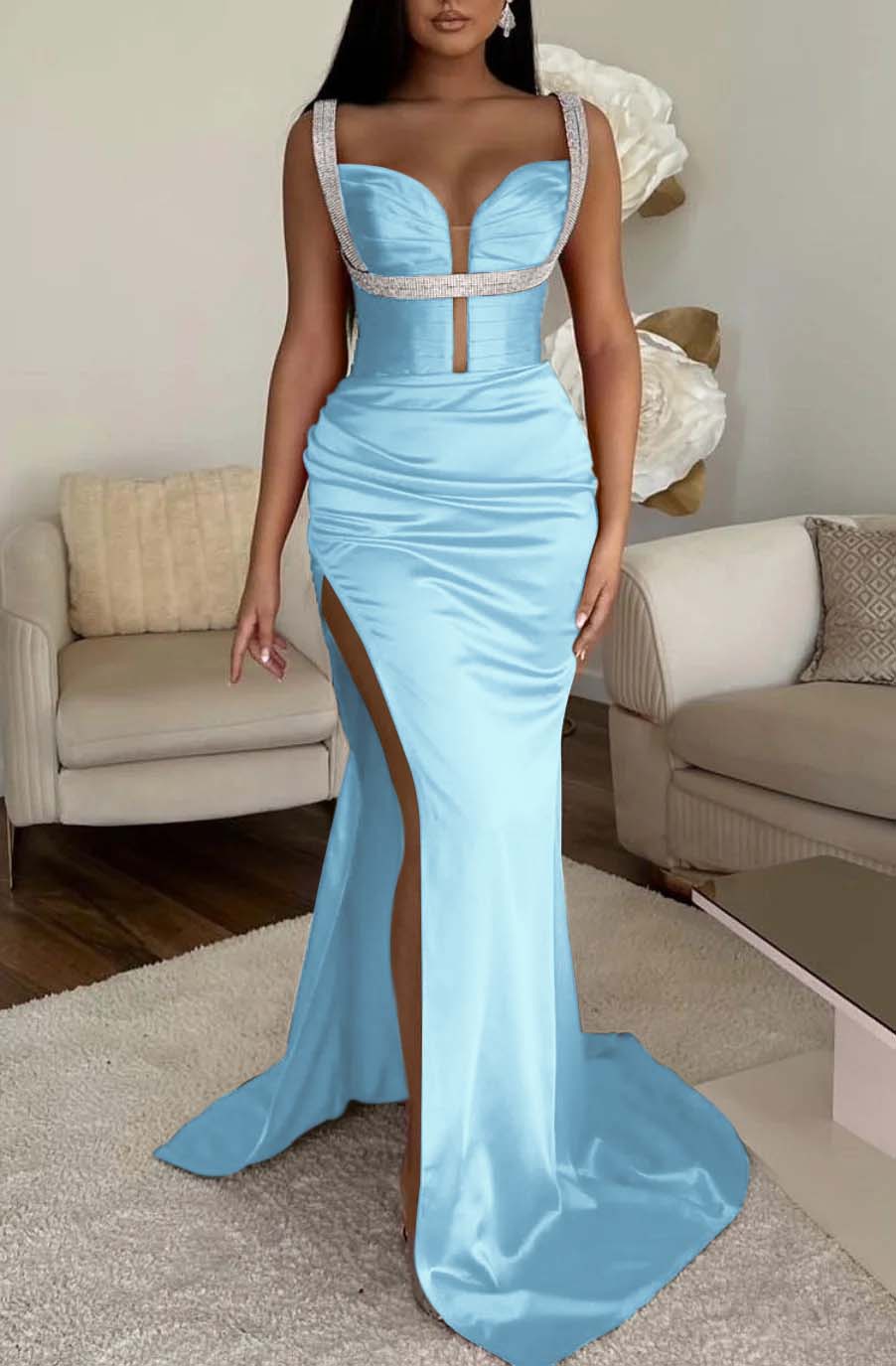 Fuchsia Spaghetti Strap Mermaid Prom Dress with High Split