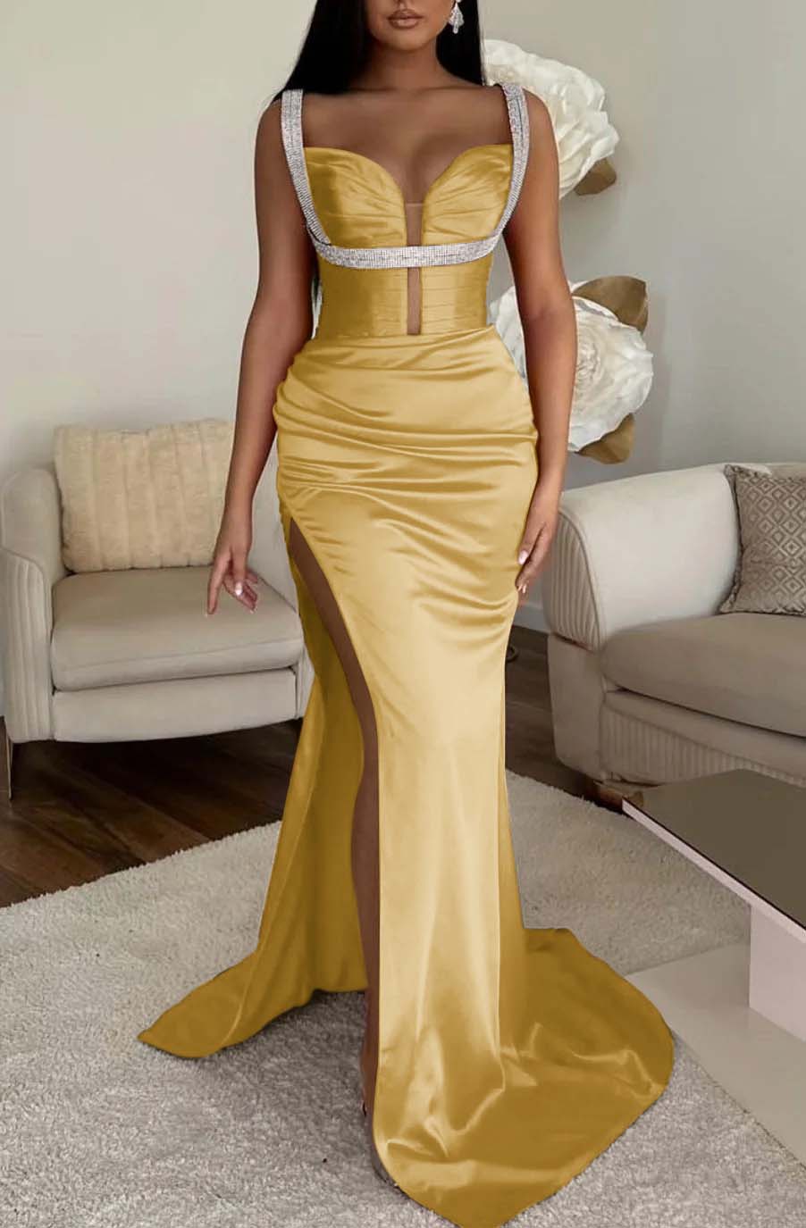 Fuchsia Spaghetti Strap Mermaid Prom Dress with High Split