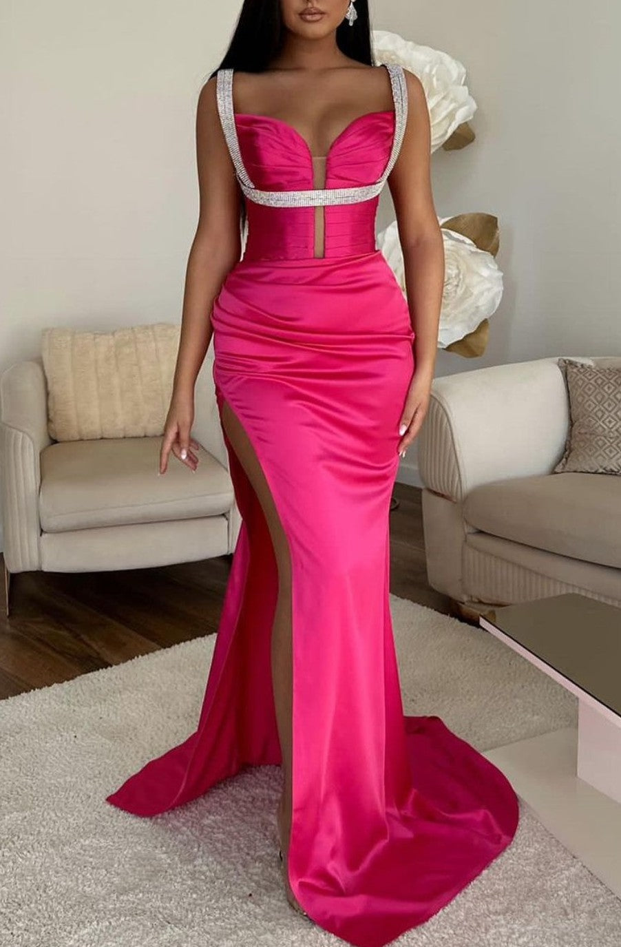 Fuchsia Spaghetti Strap Mermaid Prom Dress with High Split