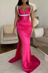 Fuchsia Spaghetti Strap Mermaid Prom Dress with High Split