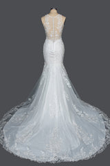 Mermaid Scoop Neck Jewel Wedding Dress with Beadings and Appliques