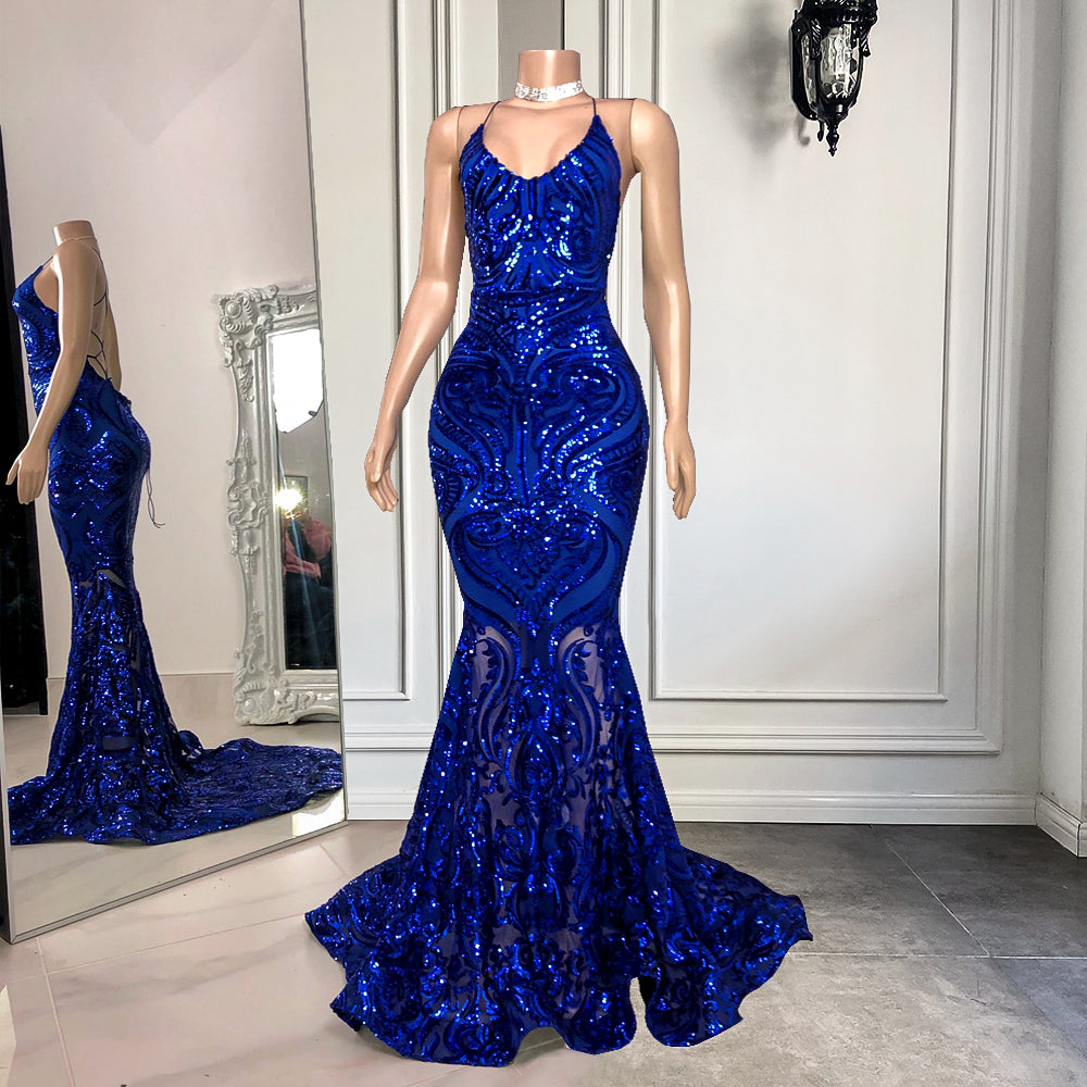 Royal Blue Spaghetti Strap Mermaid Long Prom Dress with Sequins