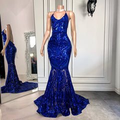 Royal Blue Spaghetti Strap Mermaid Long Prom Dress with Sequins