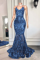 Royal Blue Spaghetti Strap Mermaid Long Prom Dress with Sequins