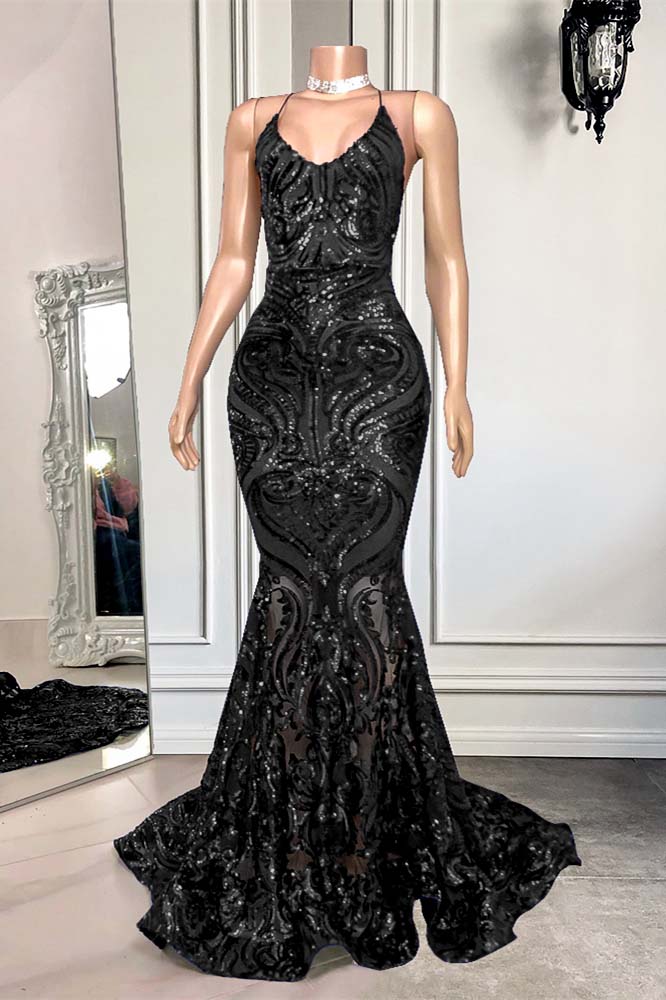 Royal Blue Spaghetti Strap Mermaid Long Prom Dress with Sequins