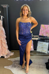 Mermaid Strapless Beaded Pleated Satin Long Prom Dress with Slit