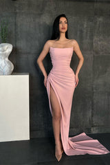 Strapless Mermaid Long Prom Dress with Split and Pleated