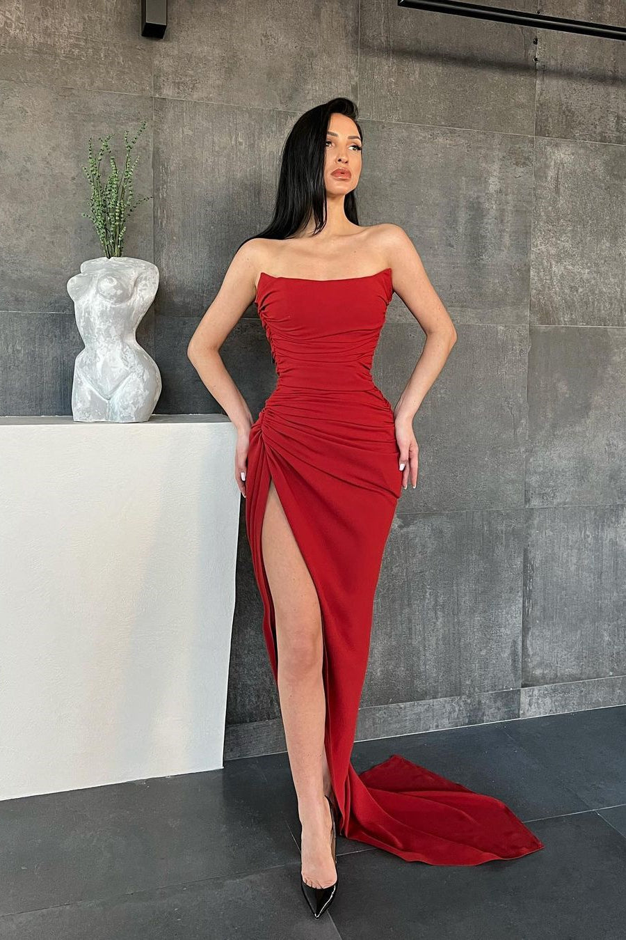 Strapless Mermaid Long Prom Dress with Split and Pleated