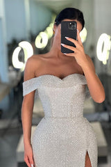 White Off the Shoulder Mermaid Prom Dress with Sequins Split