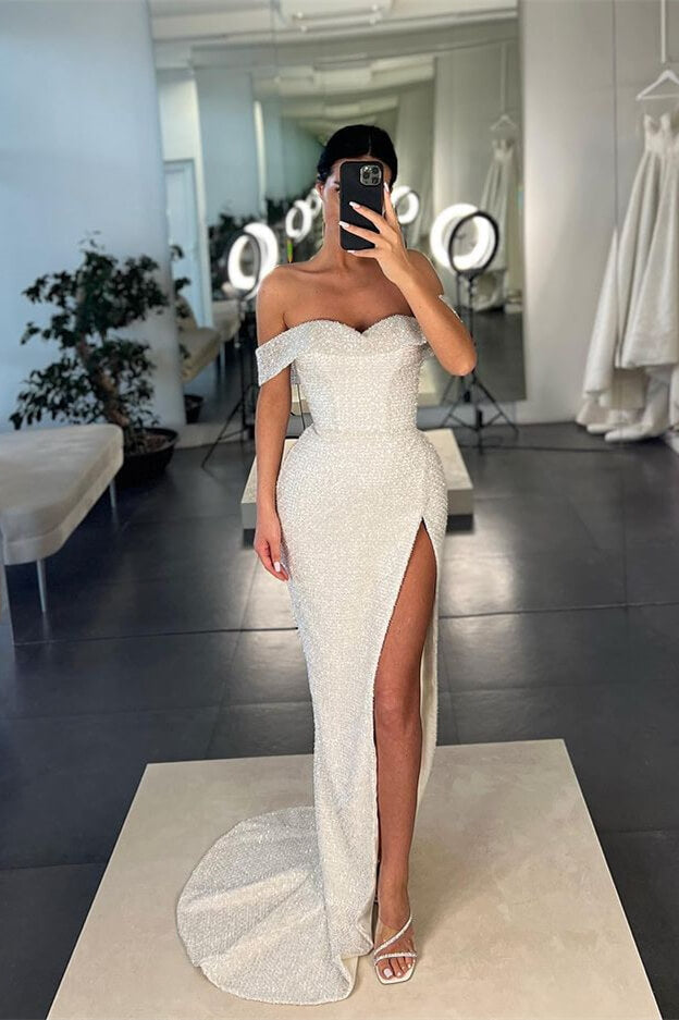 White Off the Shoulder Mermaid Prom Dress with Sequins Split