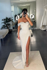 White Off the Shoulder Mermaid Prom Dress with Sequins Split