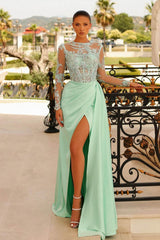Long Sleeve Mermaid Long Prom Dress with Split Appliques