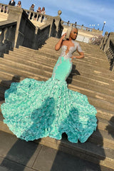 Mint Green Long Sleeve Tulle Prom Dress with Flower and Appliques