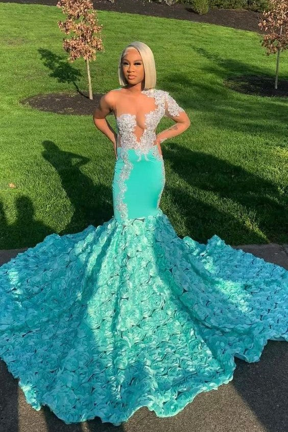 Mint Green Long Sleeve Tulle Prom Dress with Flower and Appliques