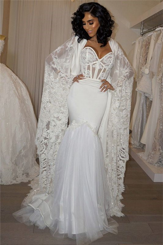 Modern Sweetheart Mermaid Wedding Dress with Lace Cape