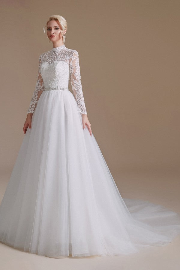 Modest A-Line High Neck Long Sleeve Wedding Dress with Tulle Lace