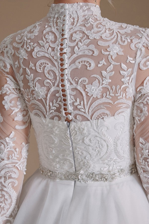 Modest A-Line High Neck Long Sleeve Wedding Dress with Tulle Lace