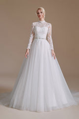 Modest A-Line High Neck Long Sleeve Wedding Dress with Tulle Lace