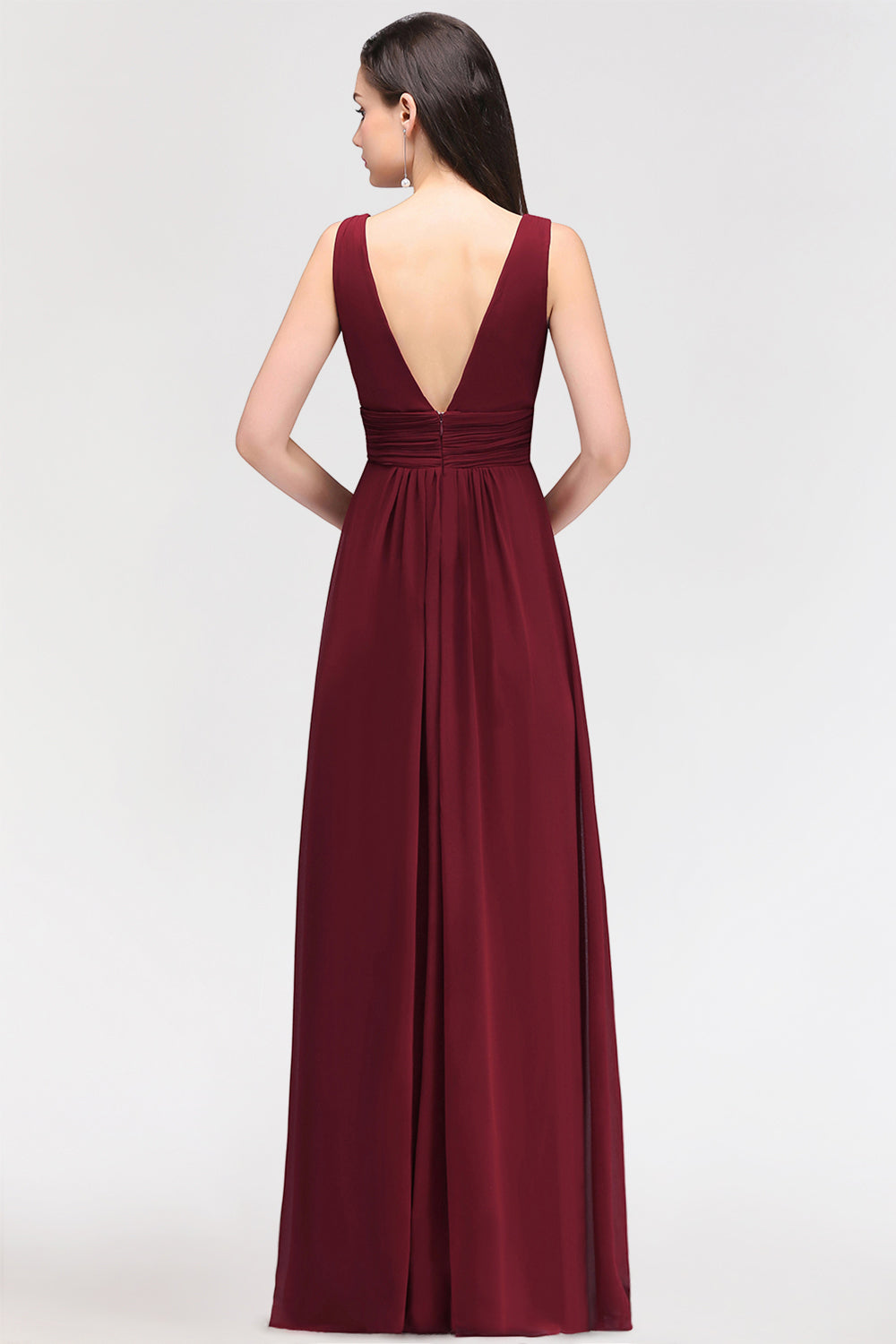 Modest Burgundy V-Neck Sleeveless Long Bridesmaid Dresses Affordable-Babyonlines