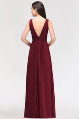 Modest Burgundy V-Neck Sleeveless Long Bridesmaid Dresses Affordable-Babyonlines