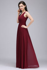 Modest Burgundy V-Neck Sleeveless Long Bridesmaid Dresses Affordable-Babyonlines