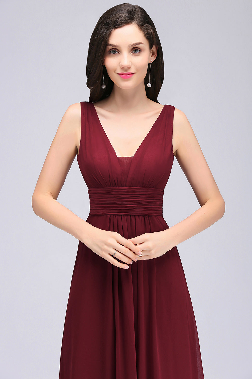 Modest Burgundy V-Neck Sleeveless Long Bridesmaid Dresses Affordable-Babyonlines
